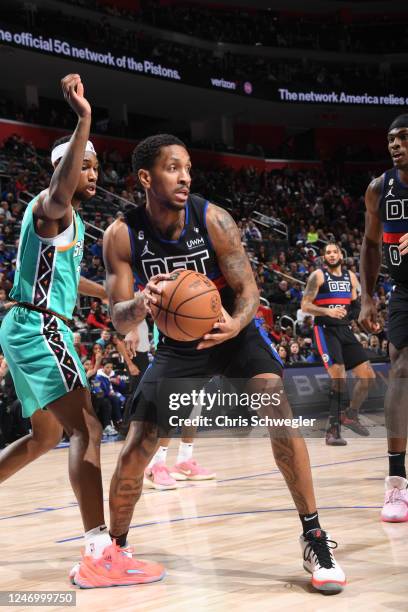 Rodney McGruder of the Detroit Pistons goes to the basket during the game on Febuary 10, 2023 at Little Caesars Arena in Detroit, Michigan. NOTE TO...