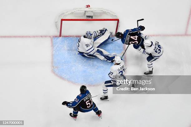 Ilya Samsonov of the Toronto Maple Leafs defends the net during the second period of a game against the Columbus Blue Jackets at Nationwide Arena on...