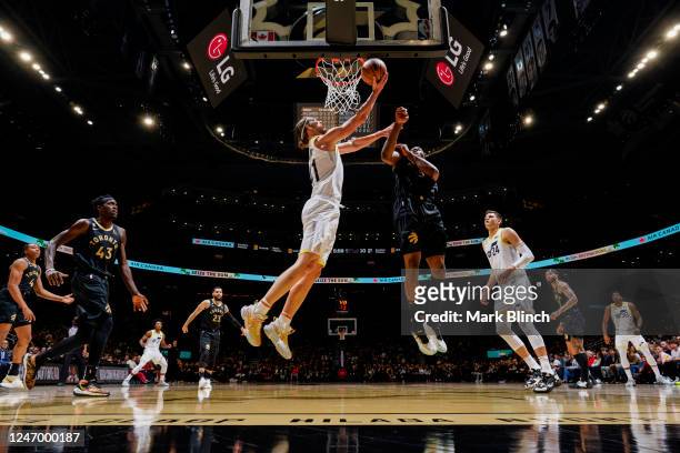 Kelly Olynyk of the Utah Jazz shoots the ball during the game against the Toronto Raptors on February 10, 2023 at the Scotiabank Arena in Toronto,...