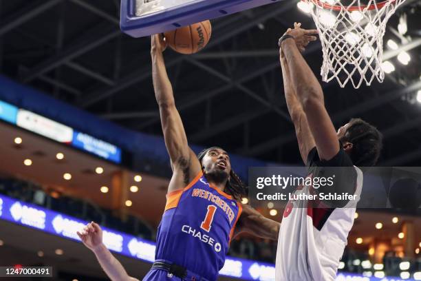 Quinton Rose of the Westchester Knicks attempts a dunk during the game against the Sioux Falls Skyforce on February 10, 2023 in Bridgeport, CT. NOTE...