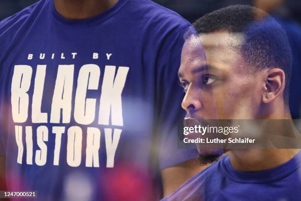 James Akinjo of the Westchester Knicks during pregame warmups against the Sioux Falls Skyforce on February 10, 2023 in Bridgeport, CT. NOTE TO USER:...