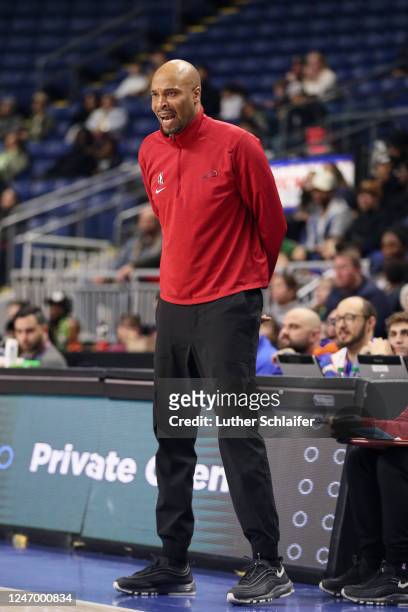 Kasib Powell head coach of the Sioux Falls Skyforce reacts during the game against the Westchester Knicks on February 10, 2023 in Bridgeport, CT....