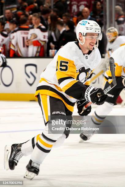 Josh Archibald of the Pittsburgh Penguins skates on the ice during warm ups prior t the game against the Anaheim Ducks at Honda Center on February...