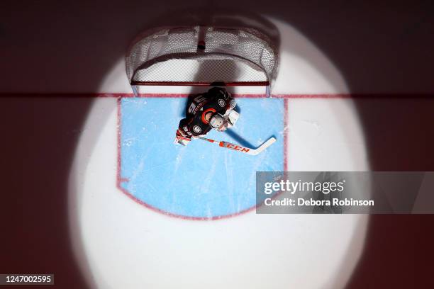 John Gibson of the Anaheim Ducks looks on prior to the game against the Pittsburgh Penguins at Honda Center on February 10, 2023 in Anaheim,...