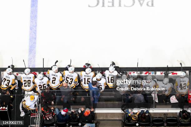 Pittsburgh Penguins look on from the bench during the first period against the Anaheim Ducks at Honda Center on February 10, 2023 in Anaheim,...