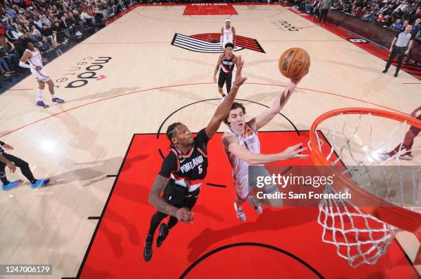 Josh Giddey of the Oklahoma City Thunder Thunder drives to the basket during the game against the Portland Trail Blazers on February 10, 2023 at the...