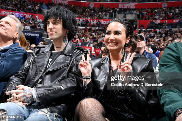 Jutes and Demi Lovato attend the game between the Milwaukee Bucks and LA Clippers on February 10, 2023 at Crypto.Com Arena in Los Angeles,...