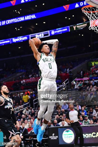 Marjon Beauchamp of the Milwaukee Bucks drives to the basket during the game against the LA Clippers on February 10, 2023 at Crypto.Com Arena in Los...