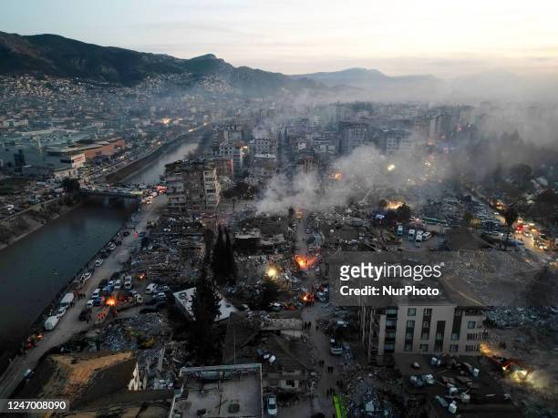 Drone view of a collapsed building in Hatay, Turkey, on February 10, 2023. On February 6 an Earthquake with magnitude of 7.8 and 7.6 struck in...