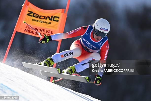 Switzerland's Jasmine Flury competes during the Women's Downhill event of the FIS Alpine Ski World Championship 2023 in Meribel, French Alps, on...