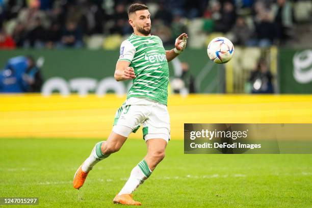 Lukasz Zwolinski of Lechia Gdansk controls the ball during the Ekstraklasa match between Lechia Gdansk and Widzew Lodz at Polsat Plus Arena on...