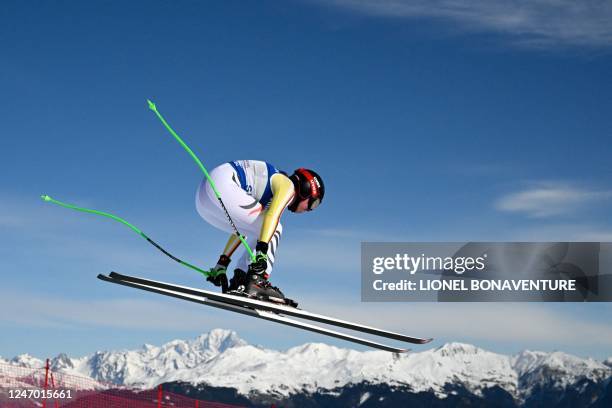 Germany's Kira Weidle competes during the Women's Downhill event of the FIS Alpine Ski World Championship 2023 in Meribel, French Alps, on February...