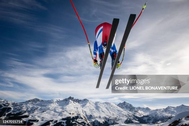 France's Romane Miradoli competes during the Women's Downhill event of the FIS Alpine Ski World Championship 2023 in Meribel, French Alps, on...