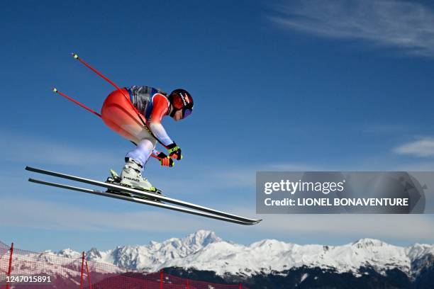 Switzerland's Corinne Suter competes during the Women's Downhill event of the FIS Alpine Ski World Championship 2023 in Meribel, French Alps, on...