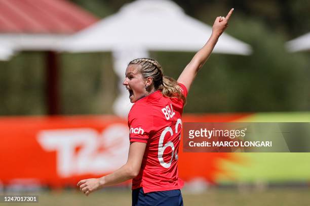 England's Lauren Bell appeals unsuccessfully for the wicket of West Indies' Stafanie Taylor during the Group B T20 women's World Cup cricket match...