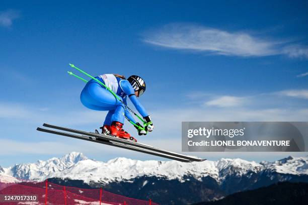 Italy's Sofia Goggia competes during the Women's Downhill event of the FIS Alpine Ski World Championship 2023 in Meribel, French Alps, on February...