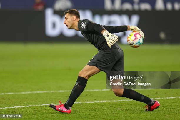 Goalkeeper Koen Casteels of VfL Wolfsburg controls the ball during the Bundesliga match between FC Schalke 04 and VfL Wolfsburg at Veltins-Arena on...