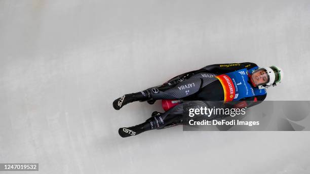 Anda Upite and Sanija Ozolina of Latvia in action during the women's doubles at the 7th Eberspacher Luge World Cup on February 11, 2023 in...