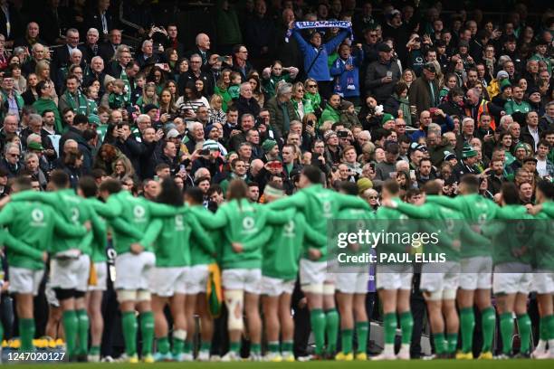 The Ireland team lines up for the anthems ahead of the Six Nations international rugby union match between Ireland and France at the Aviva Stadium in...