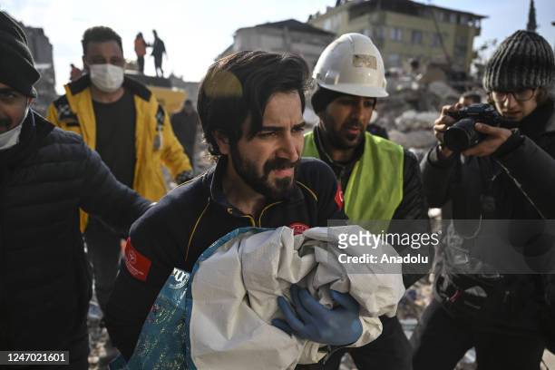 Aliye Dagli is rescued from the rubbles of a collapsed building 133 hours after 7.7 and 7.6 magnitude earthquakes hit multiple provinces of Turkiye...