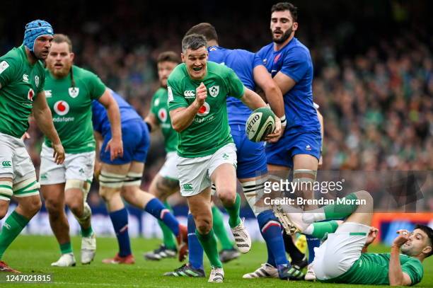 Dublin , Ireland - 11 February 2023; Jonathan Sexton of Ireland makes a break during the Guinness Six Nations Rugby Championship match between...