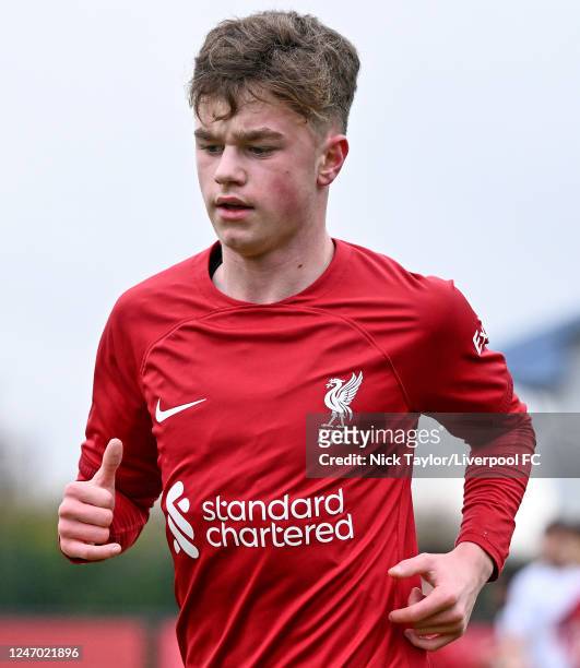 Cody Pennington of Liverpool at the Axa Training Centre on February 11, 2023 in Liverpool, England.