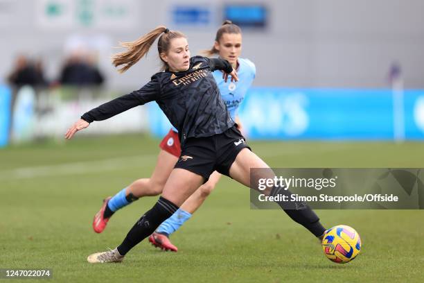 Noelle Maritz of Arsenal battles with Kerstin Casparij of Manchester City during the FA Women's Super League match between Manchester City and...