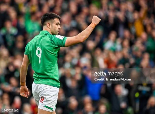 Dublin , Ireland - 11 February 2023; Conor Murray of Ireland celebrates after scoring his side's third try during the Guinness Six Nations Rugby...
