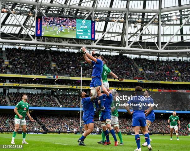 Dublin , Ireland - 11 February 2023; Paul Willemse of France and Peter OMahony of Ireland battle for possession in a line-out during the Guinness Six...