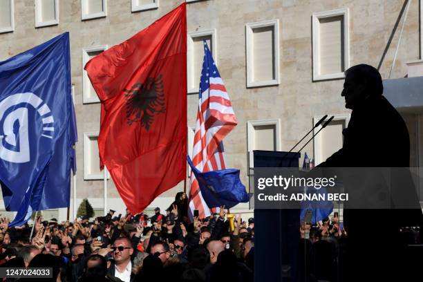 Right-wing opposition leader and former Prime Minister Sali Berisha speaks during an anti-government rally in front of government headquarters in...