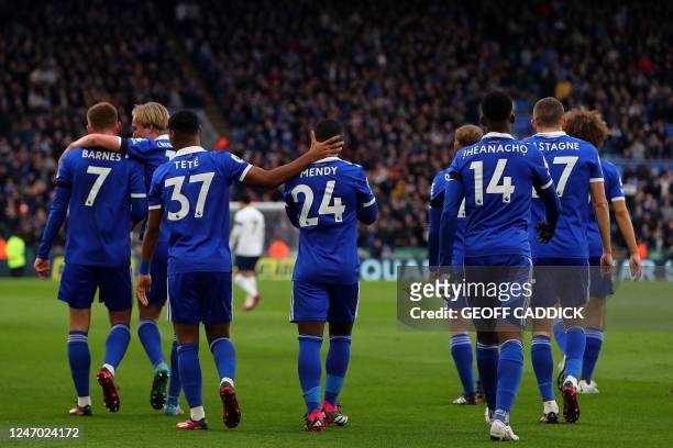Leicester City's French midfielder Nampalys Mendy celebrates scoring the team's first goal during the English Premier League football match between...
