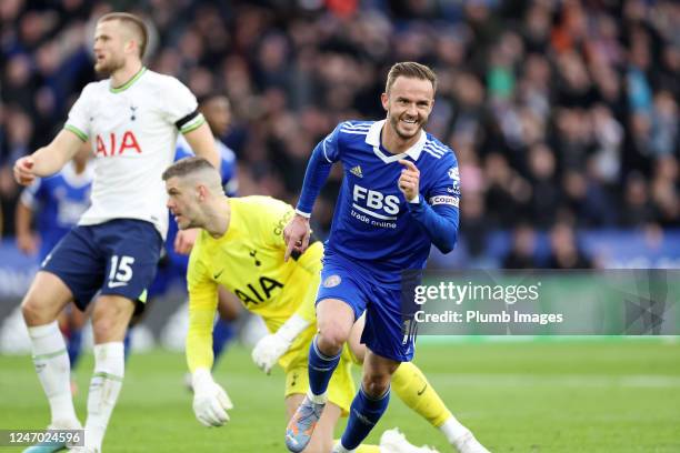 James Maddison of Leicester City celebrates after scoring to make it 2-1 during the Premier League match between Leicester City and Tottenham Hotspur...