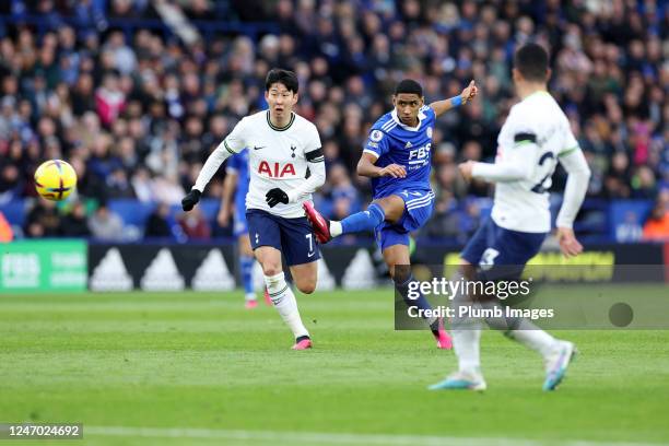 Tete of Leicester City in action with Son Heung-Min of Tottenham Hotspur during the Premier League match between Leicester City and Tottenham Hotspur...