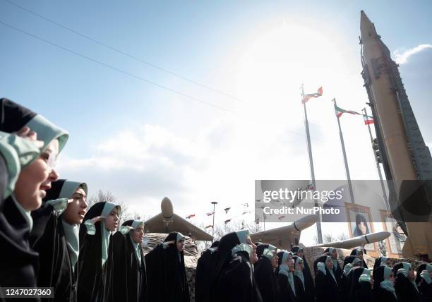 Group of Iranian schoolgirls are chanting the Hymn Hello Commander in support of Iran's Supreme Leader Ayatollah Ali Khamenei, under an Iranian-made...