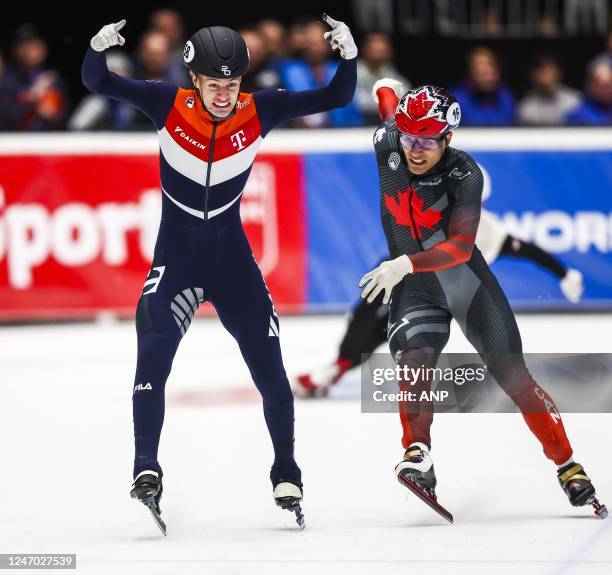 Jens van 't Wout cheers after winning the final 2000 meters mixed relay during the second day of the ISU World Cup Short Track Speed Skating 2023....