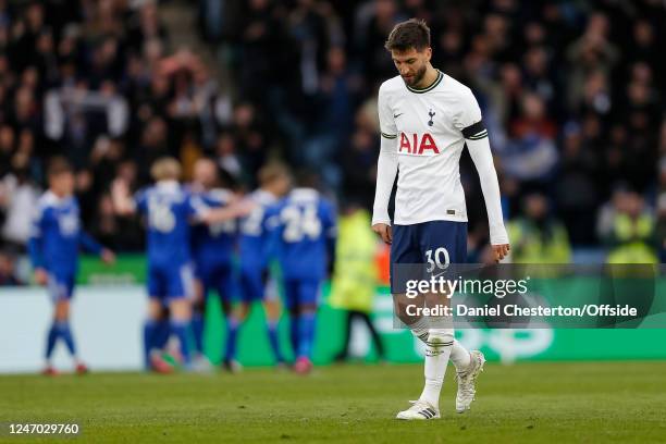 Rodrigo Bentancur of Tottenham Hotspur looks dejected after his side concede their second goal to make the score 2-1 during the Premier League match...