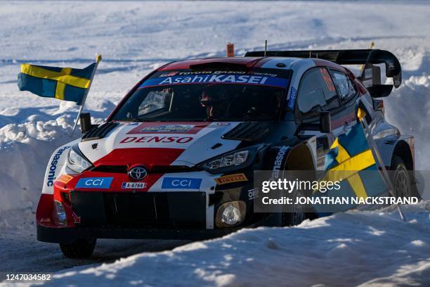 Kalle Rovanpera of Finland and his co-driver Jonne Halttunen of Finland steer their Toyota GR Yaris Rally 1 HYBRID during the 12th stage of the Rally...