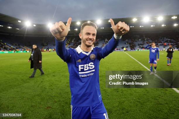 James Maddison of Leicester City celebrates after the final whistle of the Premier League match between Leicester City and Tottenham Hotspur at King...
