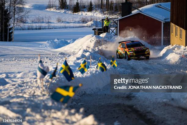 Michal Solowow of Poland and his co-driver Maciek Baran of Poland steer their Skoda Fabia RS steer their Skoda Fabia RS during the 12th stage of the...