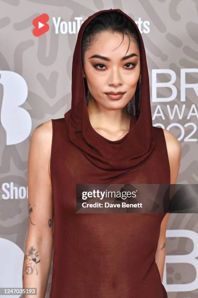 Rina Sawayama arrives at The BRIT Awards 2023 at The O2 Arena on February 11, 2023 in London, England.