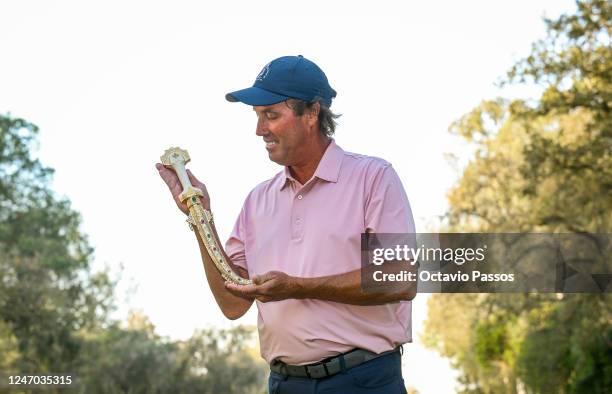 Stephen Ames of Canada poses with the winner trophy following the final round of the Trophy Hassan II at Royal Golf Dar Es Salam on February 11, 2023...
