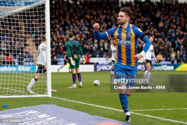 Luke Leahy of Shrewsbury Town celebrates after scoring a goal to make it 2-1 during the Sky Bet League One between Shrewsbury Town and Port Vale at...