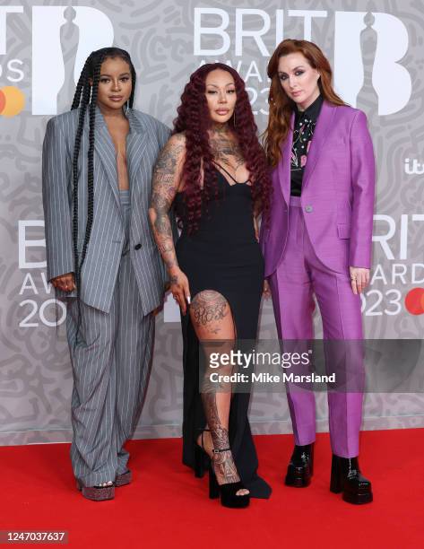 Keisha Buchanan, Mutya Buena and Siobhán Donaghy of the Sugababes attend The BRIT Awards 2023 at The O2 Arena on February 11, 2023 in London, England.