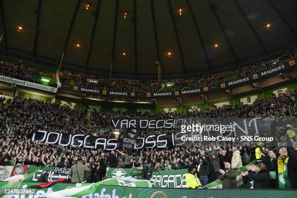 Celtic Banner against Scottish Conservative leader and linesman Douglas Ross during a Scottish Cup match between Celtic and St Mirren at Celtic Park,...