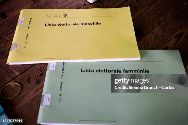 The electoral lists in a polling station,in green for women and yellow for men instead of the pink and blue of previous years. Last year there were...