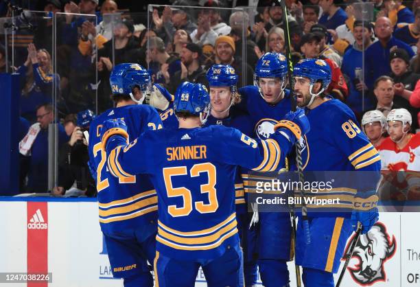 Tage Thompson of the Buffalo Sabres celebrates his first period goal against the Calgary Flames during an NHL game on February 11, 2023 at KeyBank...