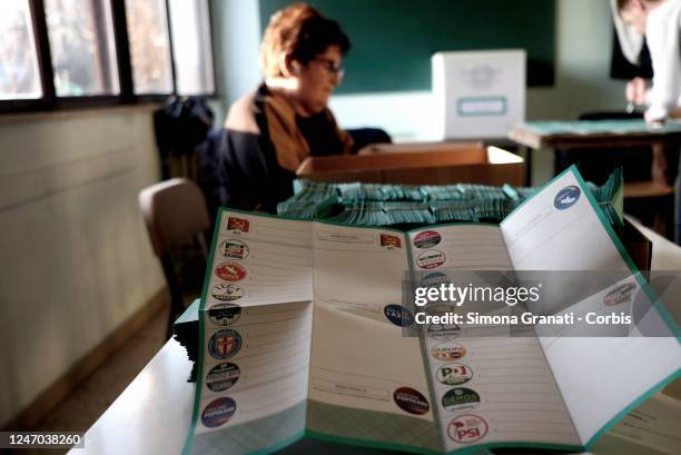 Tellers prepare the voting operations in a polling station with the signing and stamping of ballots for the renewal of the office of President of the...