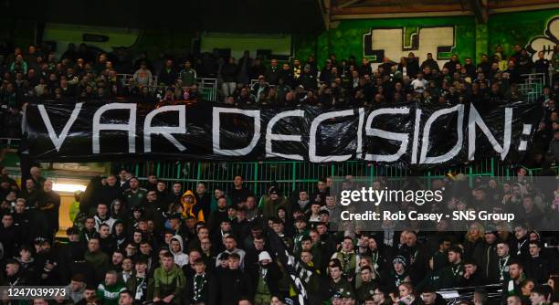 Celtic unveil a banner during a Scottish Cup match between Celtic and St Mirren at Celtic Park, on February 11 in Glasgow, Scotland.