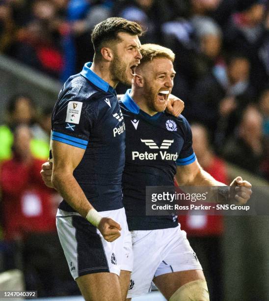 Kyle Steyn celebrates his second try with Blair Kinghorn during a Guinness Six Nations match between Scotland and Wales at BT Murrayfield, on...