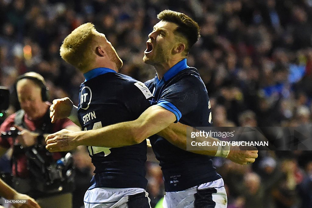 Rugby Riz Scotland's wing Kyle Steyn celebrates with Scotland's Blair Kinghorn ...